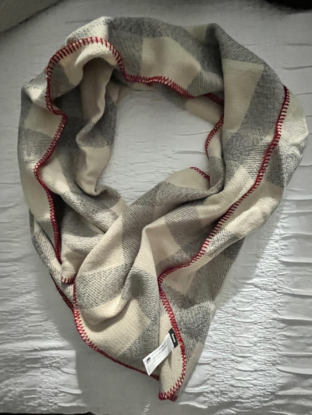 Roots Cream and Gray Plaid Scarf/Wrap with Red Stitching